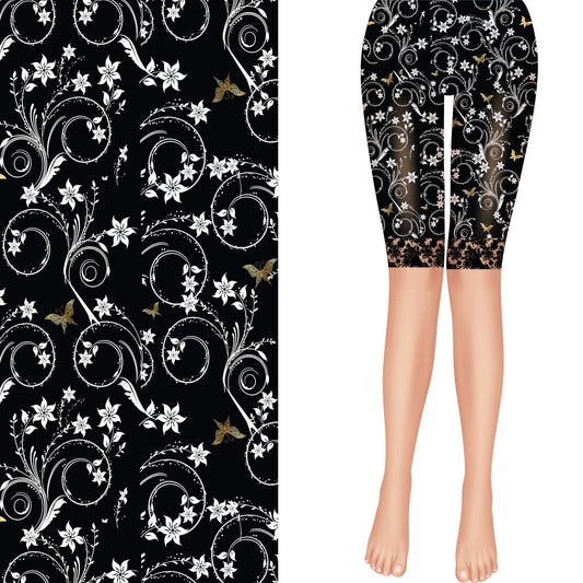 Designer Black with White Floral Design Soft and Stretchy Yoga Band Biker Shorts