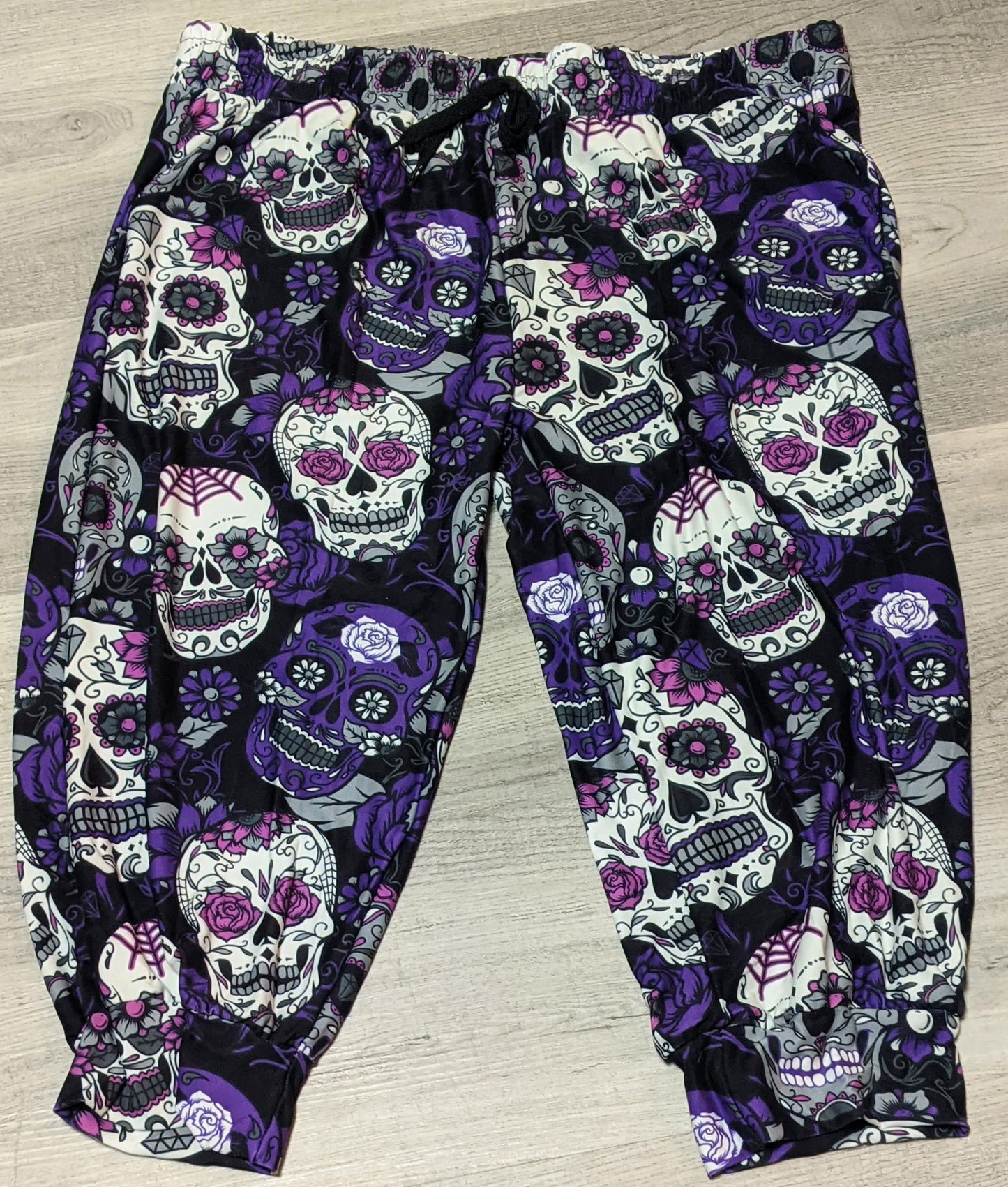 Purple Sugar Skulls Capri Joggers. Elastic Band, Draw String, Soft &Stretchy!
