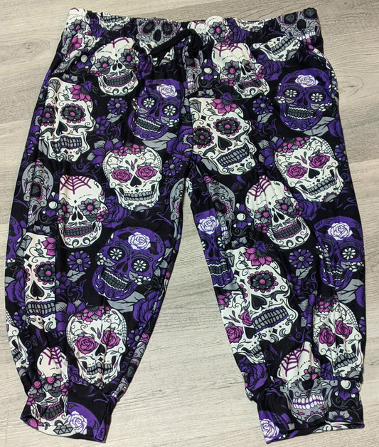 Purple Sugar Skulls Capri Joggers. Elastic Band, Draw String, Soft &Stretchy!