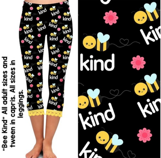 Bee Kind Full Leggings (NOT CAPRI)  with Stretchy Golden Lace Trim
