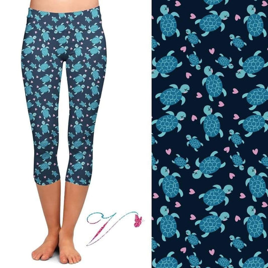Blue Turtle Capri, Elastic Yoga Band, High Waist