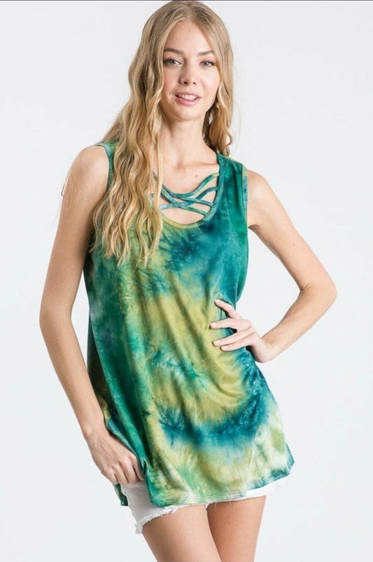 Made in the USA Tie Dye Criss Cross Chest Sleeveless Top! Stretchy and Soft!