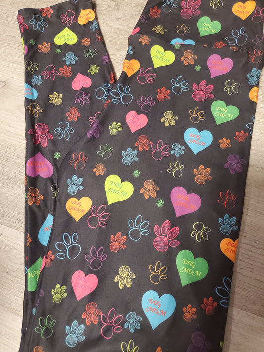 "Dog Mom" Colorful Hearts & Paw Prints, Yoga Band Leggings