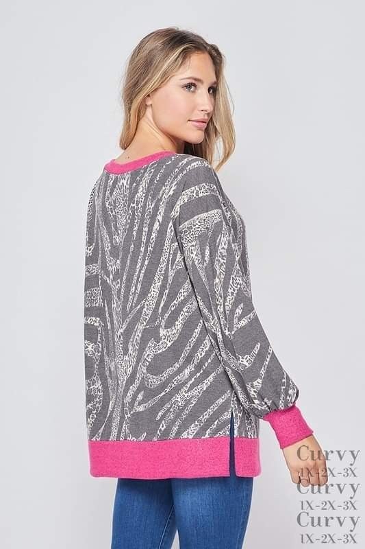 "HoneyMe" PLUS Top! Grey Zegra/Cheetah Print Split Sides, Contrast Cuff