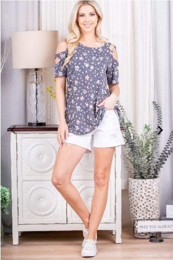 Soft and Comfortable Grey Floral Criss Cross Open Shoulder Top. Runs Big.