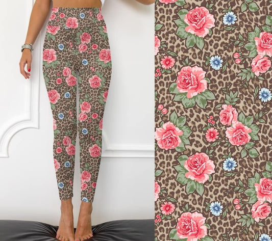 Leopard and Roses Floral, Yoga Band, High Waist Leggings
