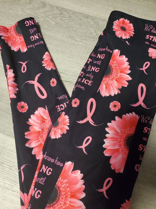 Breast Cancer Awareness Pink Ribbon and Floral Yoga Band Leggings