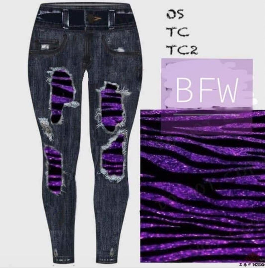 Black Denim, Purple Zebra Peek A Boo Jeggings. Yoga Band. Extra Soft and stretchy!