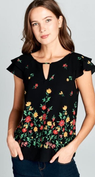 Black Floral Keyhole Ruffle Sleeve Top.  Size up!