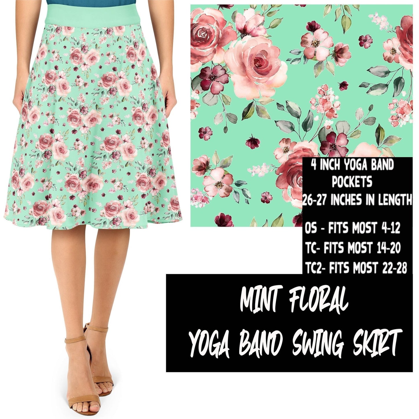 LAST ONE LEFT OS (fits 4-14), Aqua Floral Amazing Stretch, Super Soft Skirt with Pockets