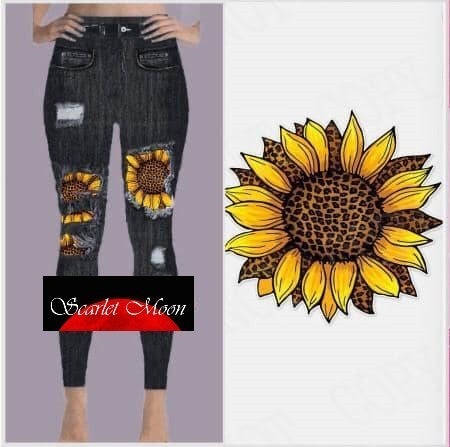 Large Sunflower Jeggings Peek a Boo Denim Print. Yoga Band. Extra Soft and stretchy!