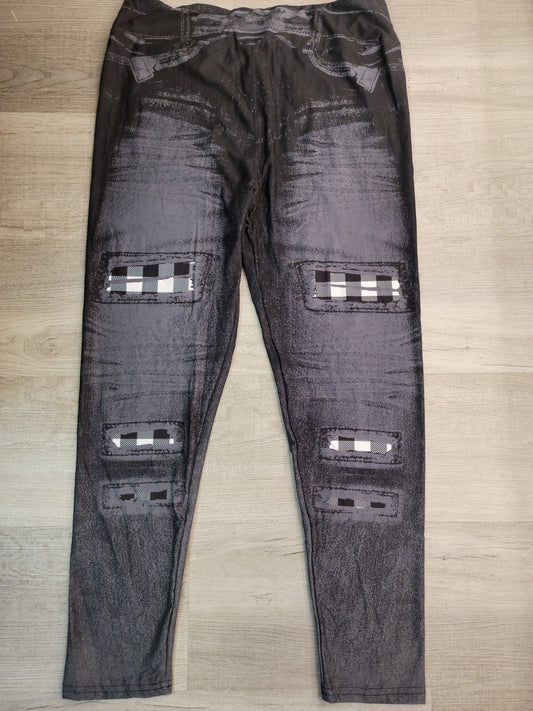 Peek a Boo Plaid, Black Denim Jeggings. Yoga Band. Extra Soft and stretchy!