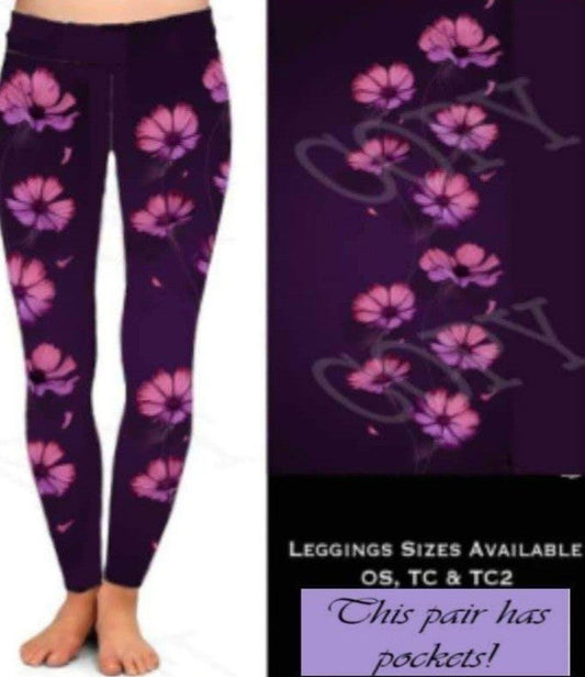 Dark Purple & Pink Floral Leggings with Pockets