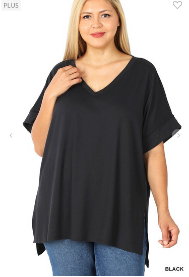 ONLY PLUS SIZE Perfect with leggings! Premium Soft, Solid, V Neck Top, Rolled/Folded Sleeve RUNS VERY BIG!