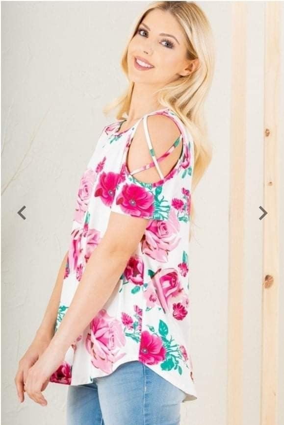 Extremely Comfortable, Soft and Stretchy Ivory Floral Cold Shoulder Top