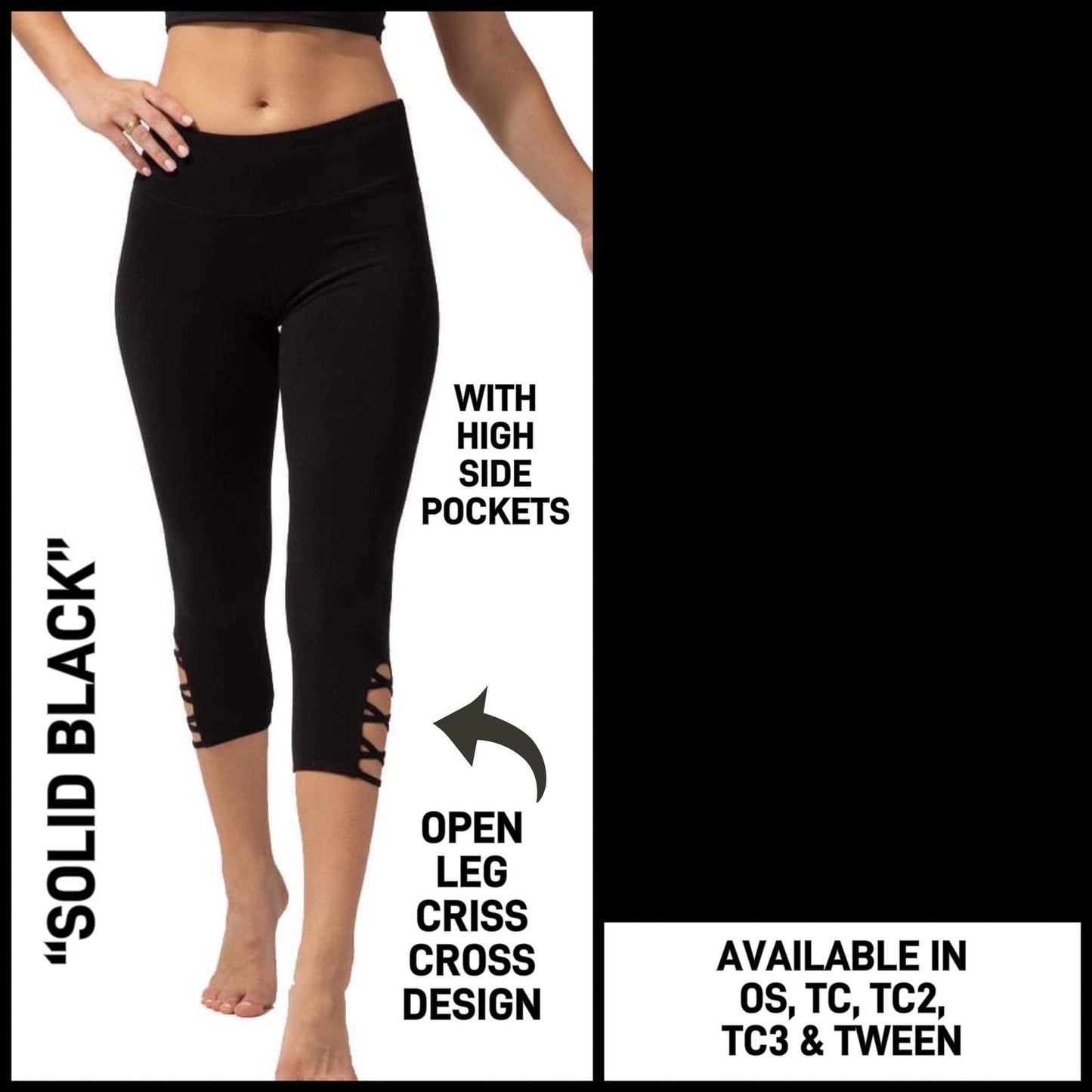 Solid Black Criss-Cross Design Leggings, Extra Soft, Yoga Band