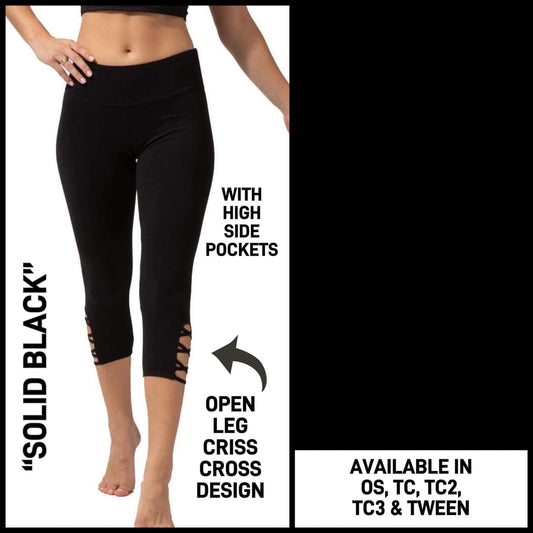 Solid Black Criss-Cross Design Leggings, Extra Soft, Yoga Band
