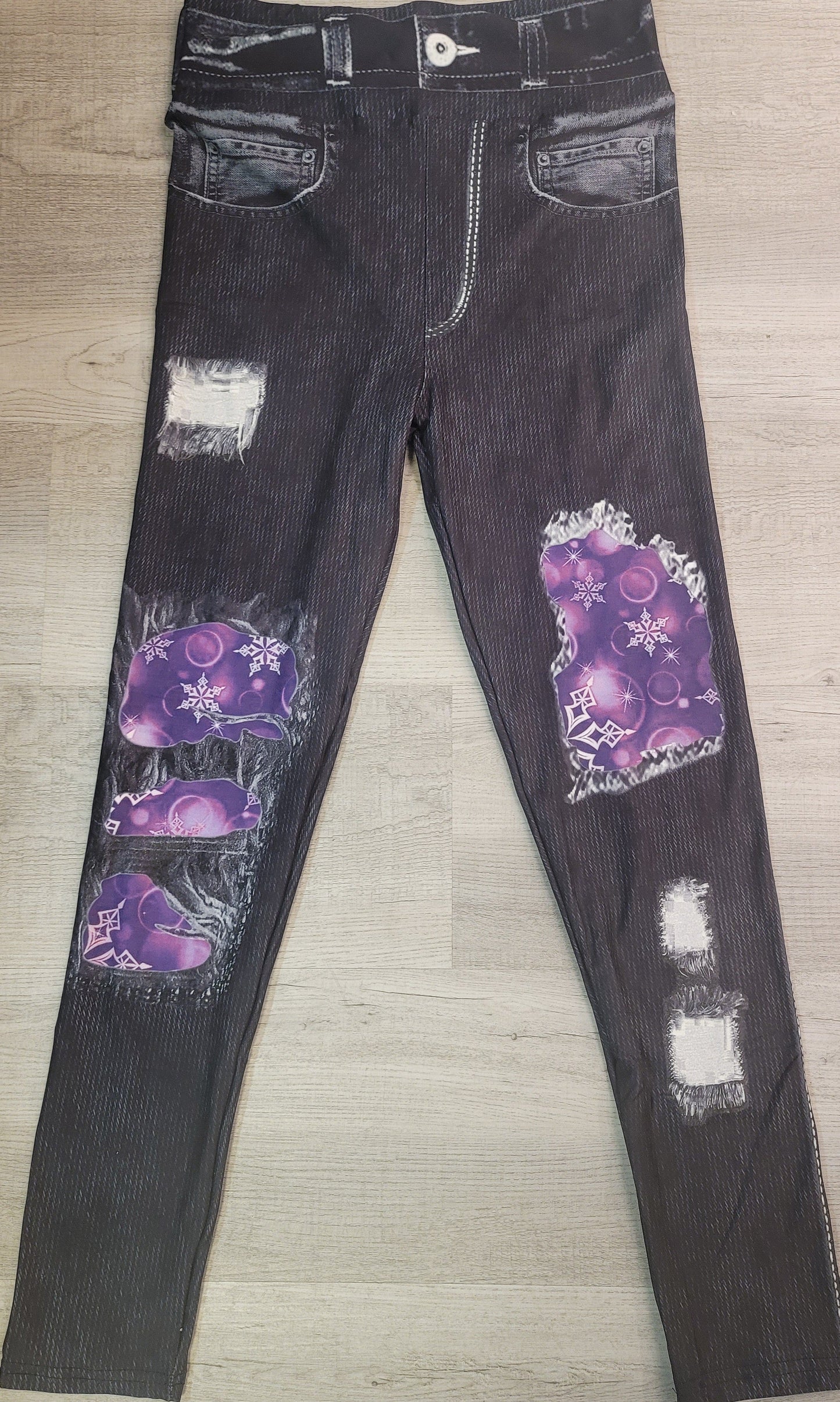 Black Denim Jeggings with Purple Snow Flakes