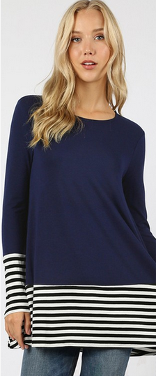 Premium Soft Fabric Striped & Solid Contrast, Round Neck Long Sleeve Top