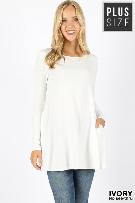 Long Sleeve, Flowy, Solid, Soft Tunic with Pockets - Premium Soft  White
