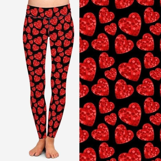 Beautiful Sparkle Black and Red Hearts Leggings, Yoga Band