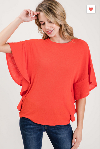 Ruffle Sleeve Very Stretchy, Bright Scarlet Red Color with hint of Orange (you can size up) GREAT FOR FALL