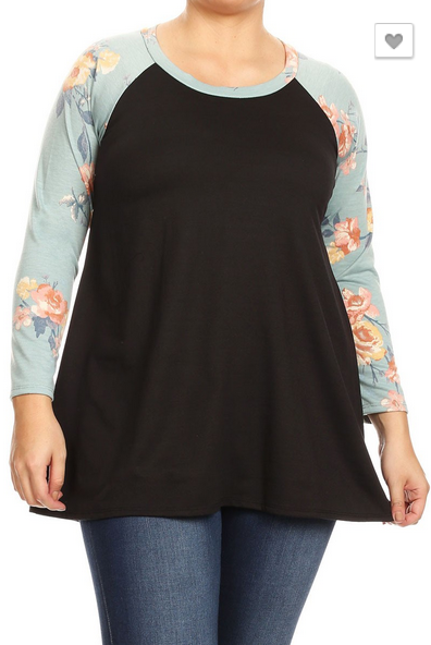PLUS SIZE ONLY Black Raglan Knit Top with Titanium Blue Floral Sleeves