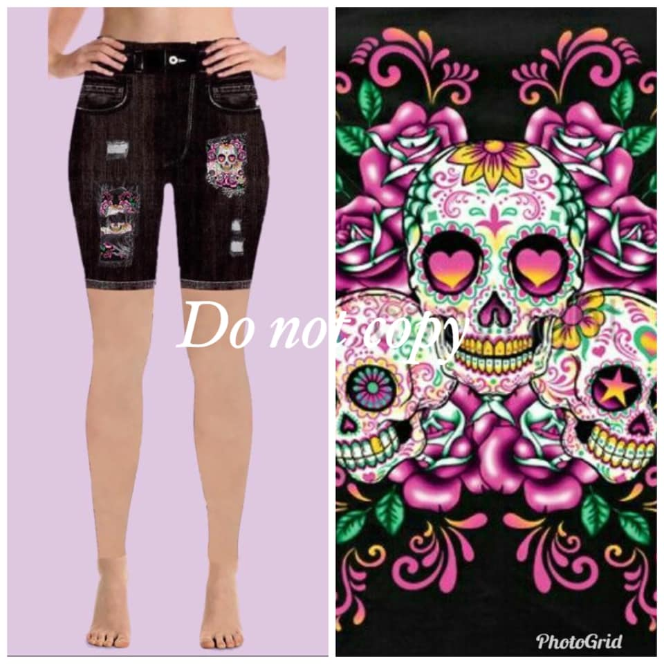 Hyper Stretch Jeggings SHORTS Denim Print Peek A Boo Skulls