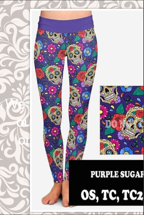 OUTFIT 2 Piece Set Purple Sugar Skull Short Sleeve Zippered Hoodie & LEGGINGS SET Hyper Stretch!