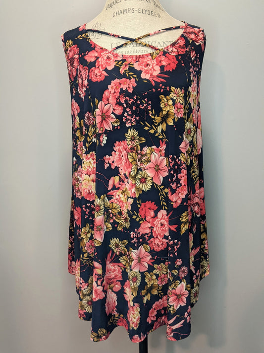 Flowy, Sleeveless Floral Light Weight Tunic, Criss-Cross Scoop Neck