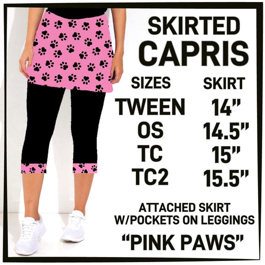 Adorable Paw Print Skirted Capri in Black and Pink! Custom Made, Yoga Band, Extreme Softness and Stretch!