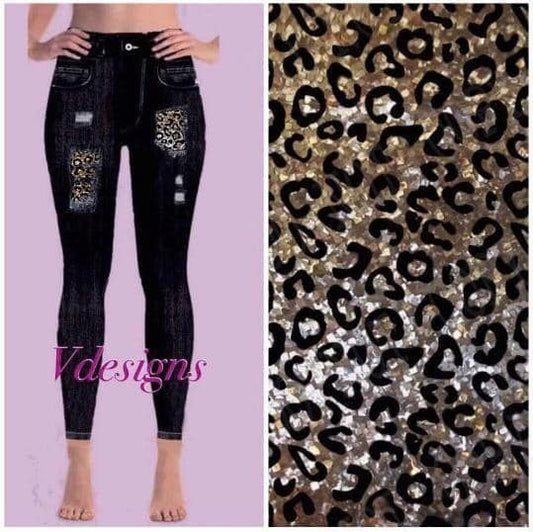 Sparkle Leopard Peek a Boo Jeggings Black Denim Print. Yoga Band. Extra Soft and stretchy!
