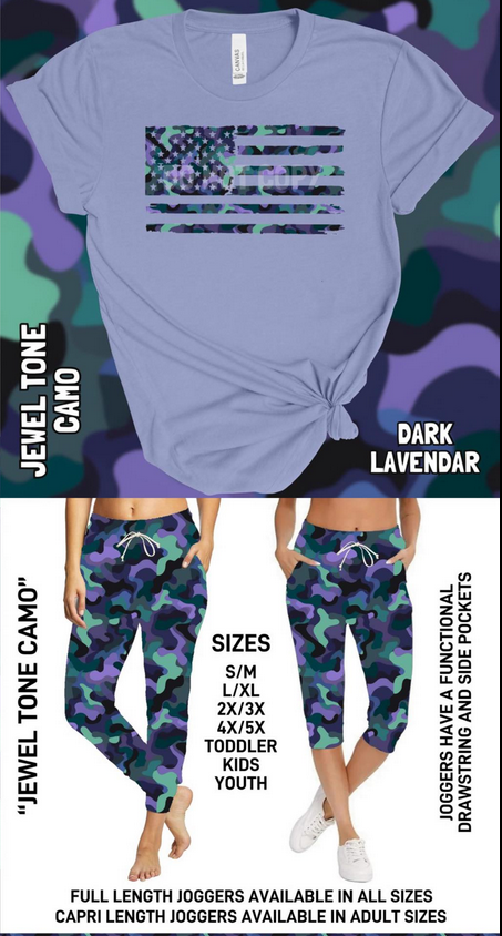 4X Custom Capri Jogger and/or Bella Canvas Lavender T Camo Flag Print
