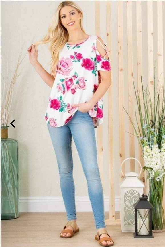 Extremely Comfortable, Soft and Stretchy Ivory Floral Cold Shoulder Top