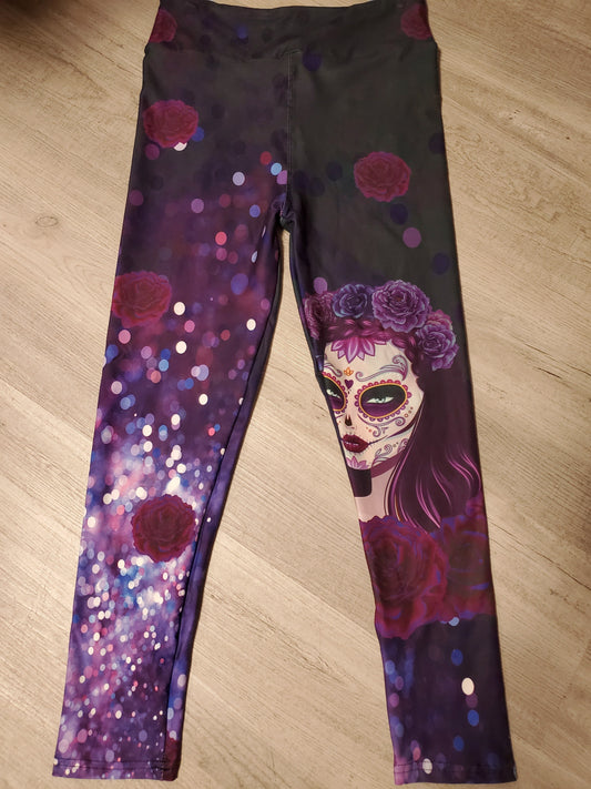 Sparkling Purple Sugar Skull Leggings. Hyper Stretch and softness! Yoga Band.