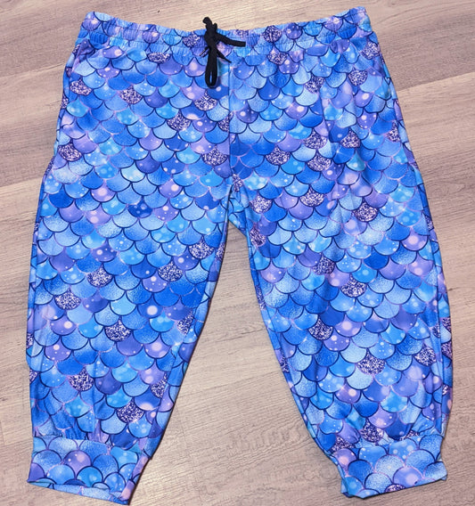 Mermaid Glitter Capri Joggers. Elastic Band, Draw String, Soft &Stretchy!