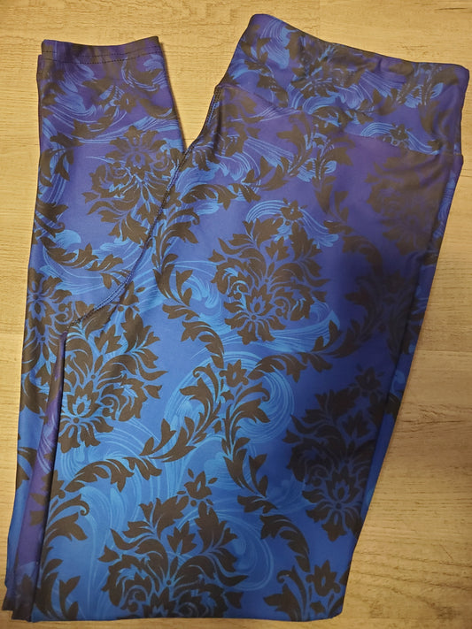 Royal Blue Swirl Filigree Leggings. Hyper Stretch and softness! Yoga Band.