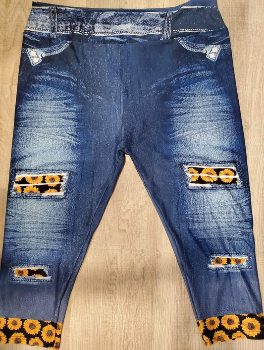 Denim Print Jeggings KNEE LENGTH CAPRI Sunflower. High Waist, Super Soft and Stretchy!