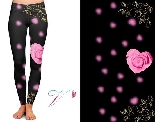 BEAUTIFUL Pink Rose Floral Hearts. Designer Leggings. Yoga Band. Extra Soft and stretchy!