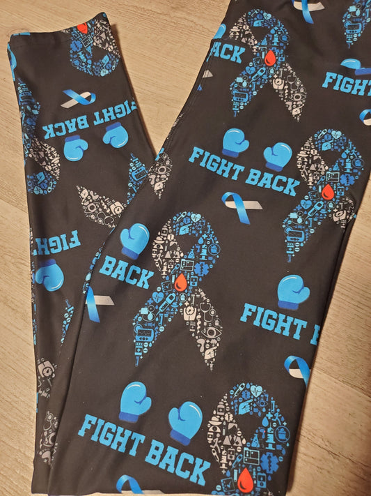 "Fight Back" Cancer Awareness Yoga Band Leggings, Blue Boxing Gloves