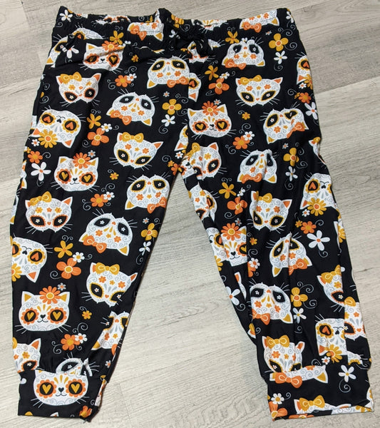 Cute Cat Sugar Skulls Capri Joggers. Elastic Band, Draw String, Soft &Stretchy!