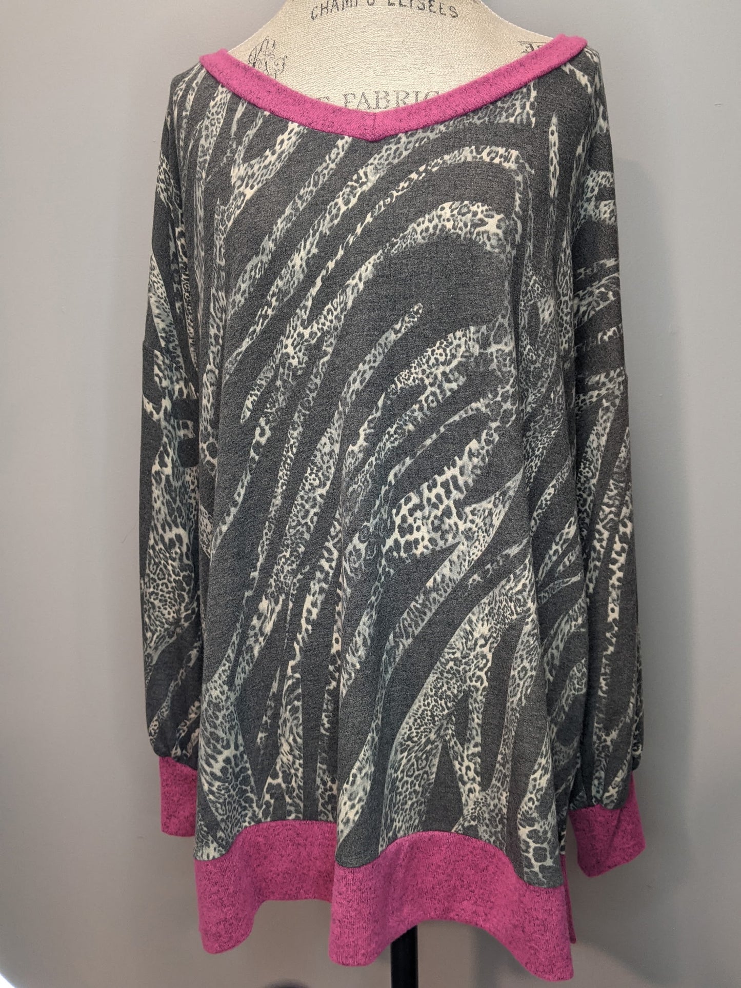 Light Knit Oversized Tunic Top, Pink Trim, Grey Zebra Print