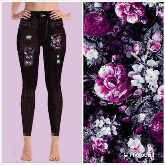 Beautiful Black Denim Floral Peek A Boo, Elastic Jeggings, Yoga Band