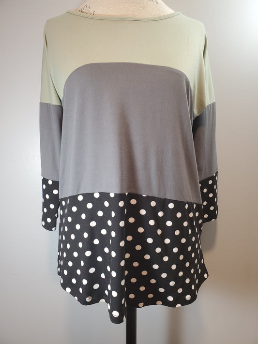 Super Soft & Stretchy Sage/Grey with Black & White Polka Dot  Block 3/4 Sleeve Top (Runs a bit small, size up)
