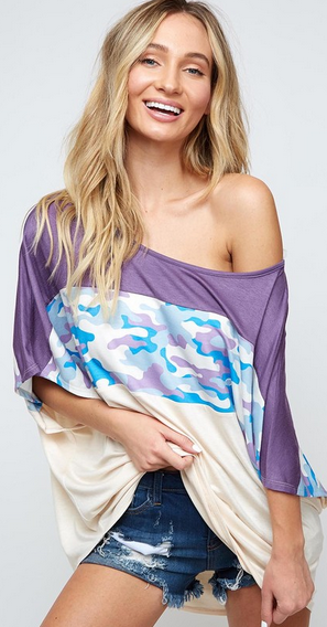 Soft, Stretchy, Oversized Ivory/Lavender/Blue Block Camouflage Top. Made in the USA.