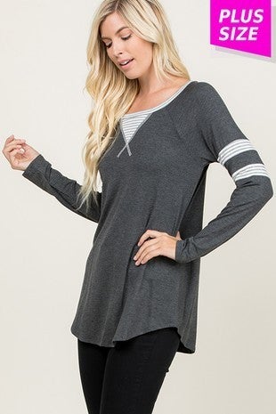 Charcoal Grey Long Sleeve Soft Top with Asimetric Sleeve Stripe Design
