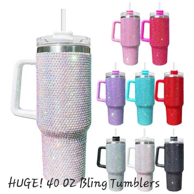 HUGE!!! Shiny Rhinestone 40 Oz Tumbler with Handle, Stainless Steel Insulated Travel Coffee Mug Double Wall Leak Resistant Vacuum Tumbler with Straw