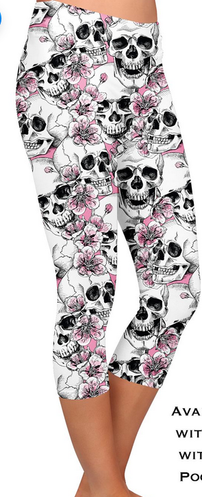 LAST OS (fits 4-14) Floral Skulls Designer Capri with Pockets