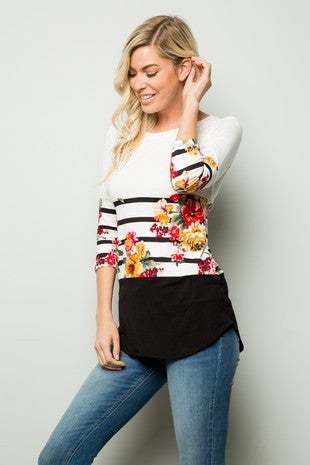 Stripes & Floral Block Long Sleeve Top. Made in the USA S-XL