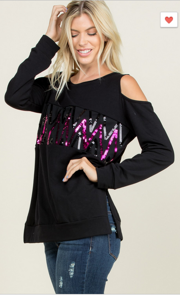 Cold Shoulder  Zig Zag Sequin Long Sleeve Side Slit Top